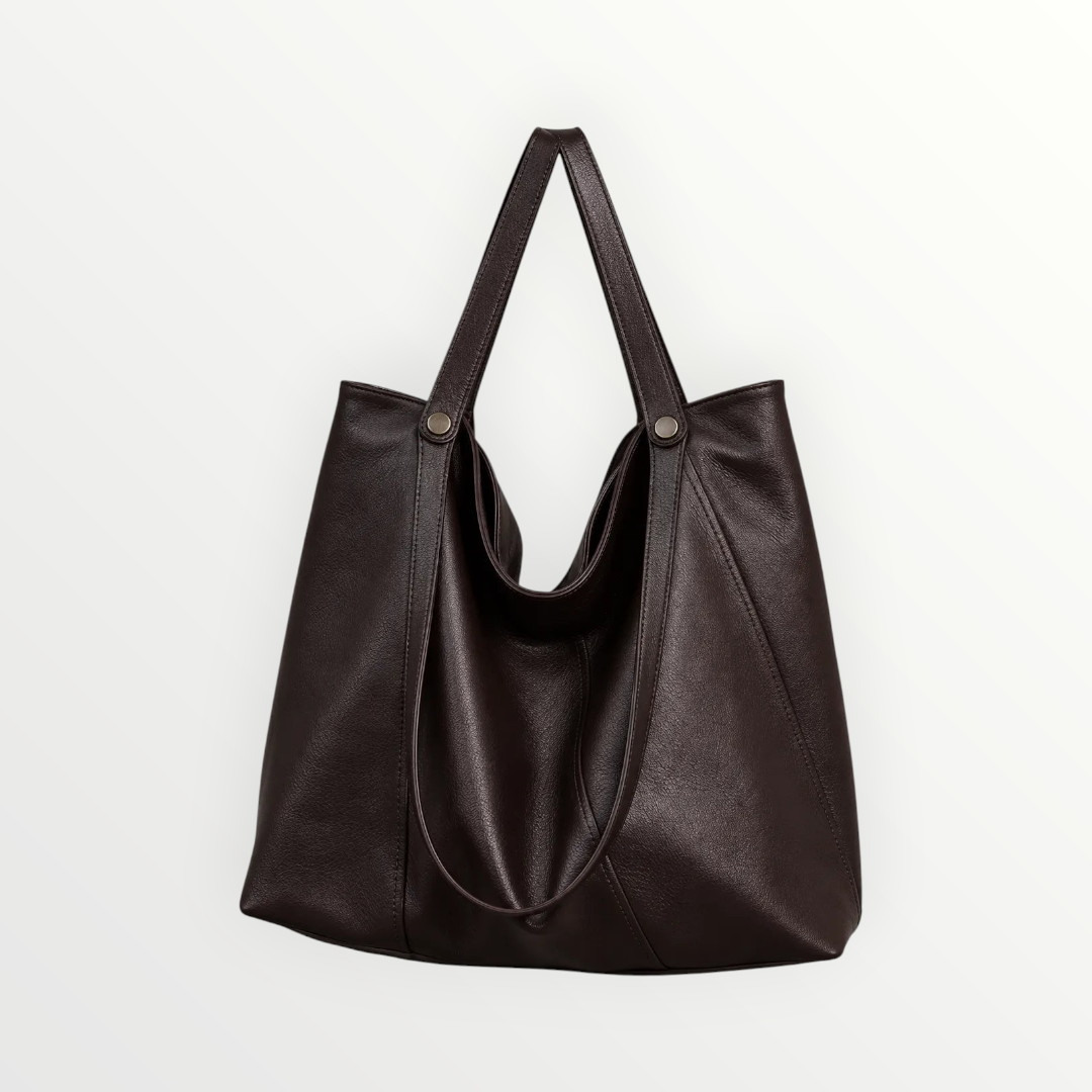 Borsa shopper Alessia Vellani in pelle marrone cioccolato con manici lunghi e design minimalista ed elegante