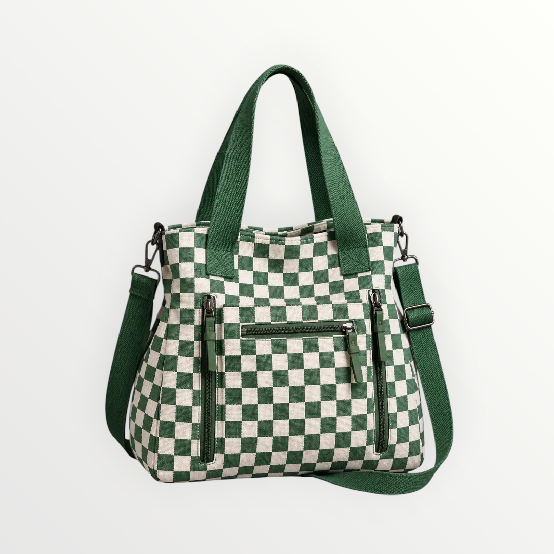 Bolso shopper Alessia Vellani con estampado de cuadros verdes y blancos, asas de lona y bolsillos frontales con cremallera