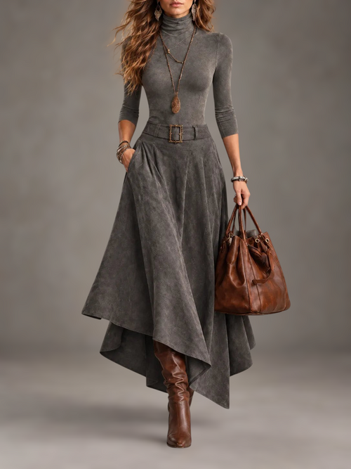 Completo Alessia Vellani grigio antracite con dolcevita, gonna midi asimmetrica e cintura in vita stile western