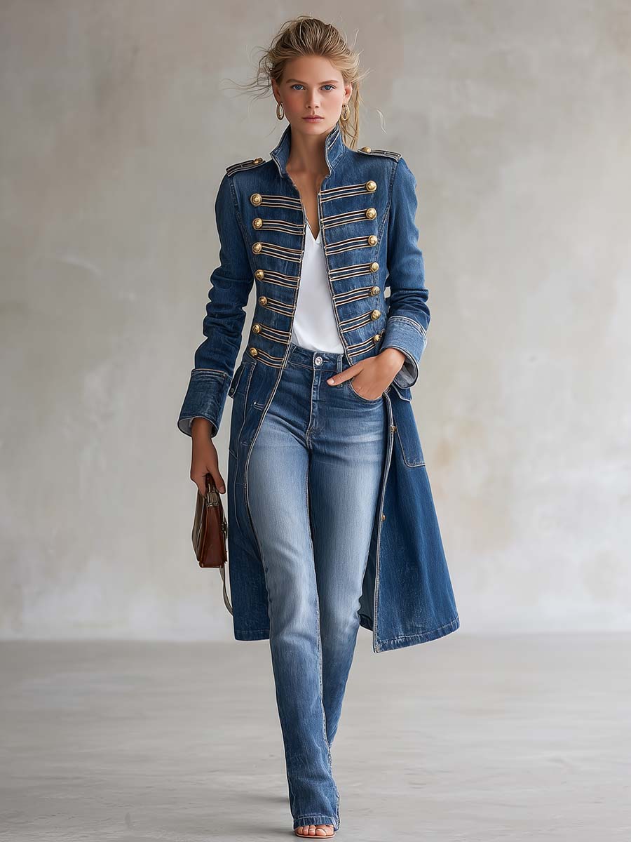 Cappotto lungo in denim dal taglio aderente stile militare con bottoni dorati