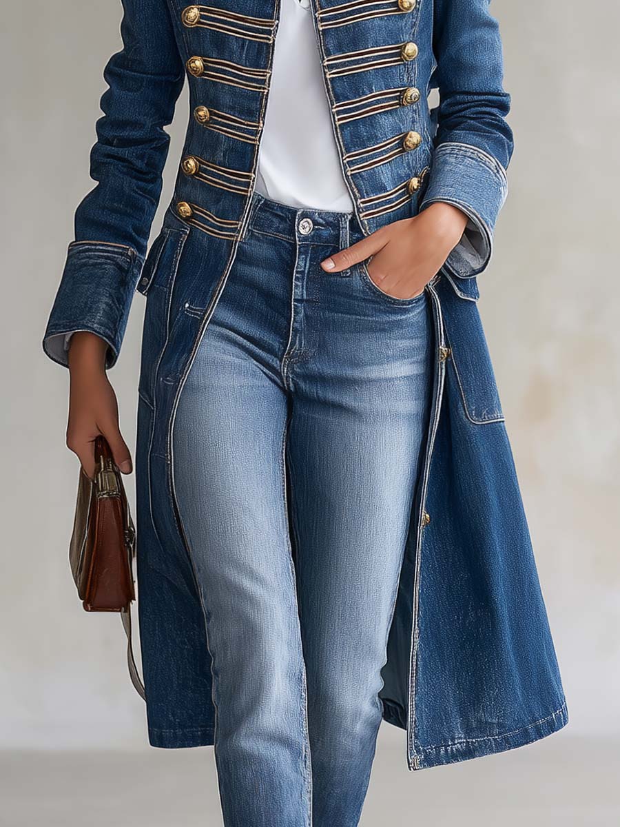 Cappotto lungo in denim dal taglio aderente stile militare con bottoni dorati