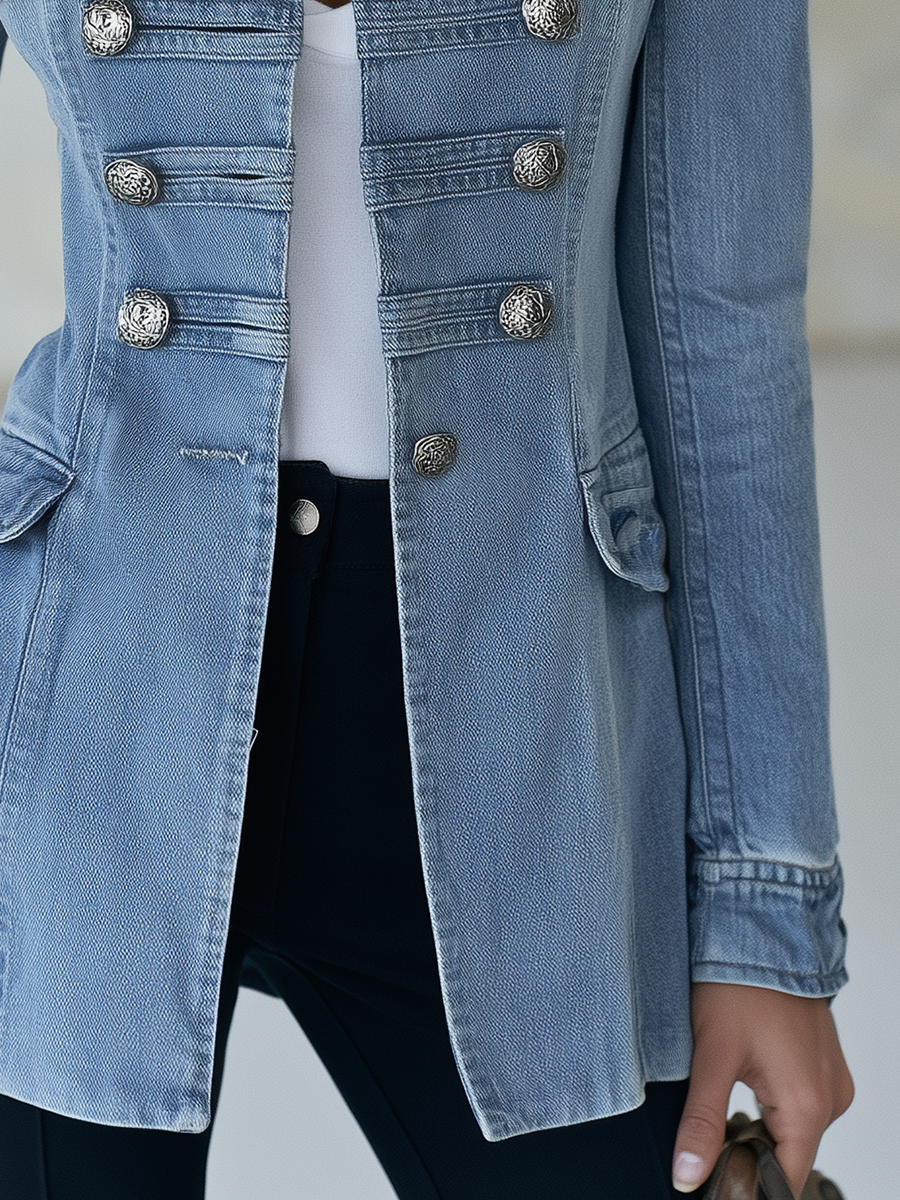 Cappotto in denim blu stile militare con doppia abbottonatura