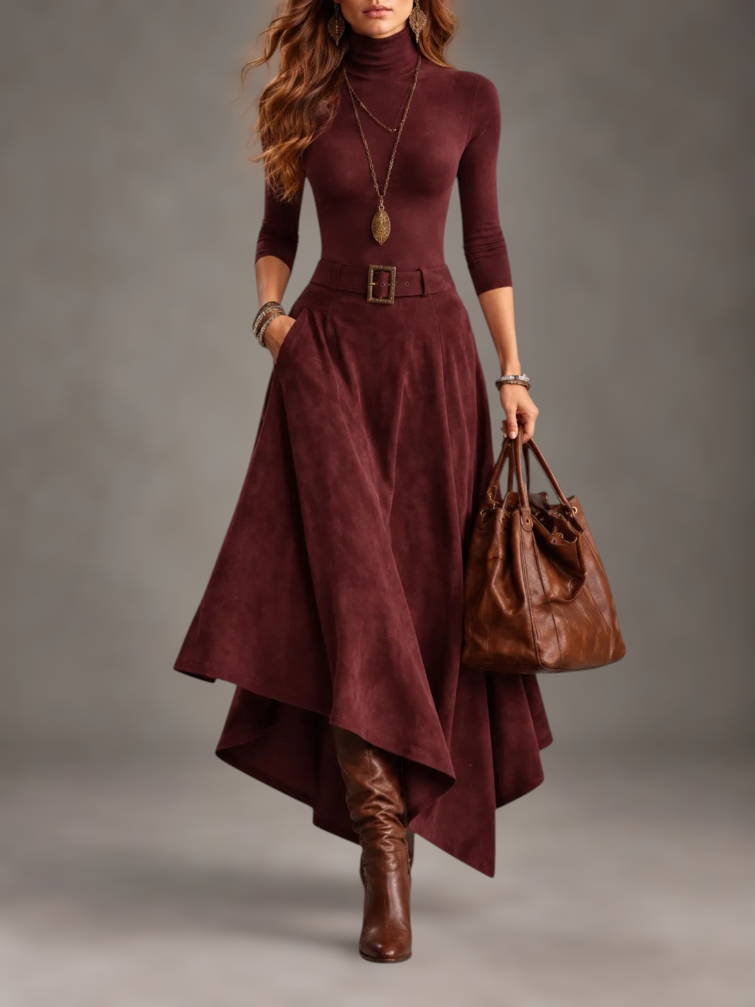 Conjunto Alessia Vellani de dos piezas burdeos con cuello alto, falda midi asimétrica y cinturón, estilo bohemio.