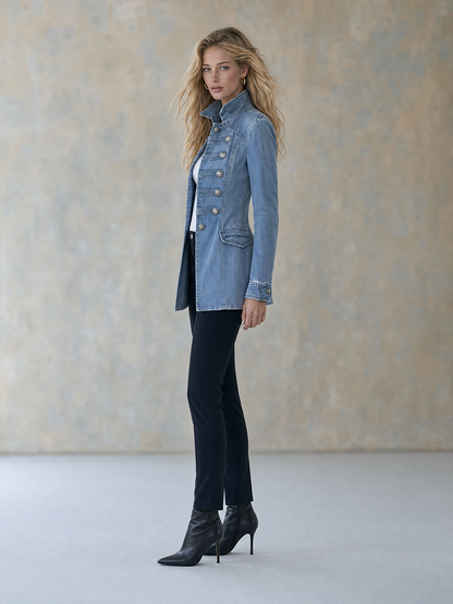 Cappotto in denim blu stile militare con doppia abbottonatura