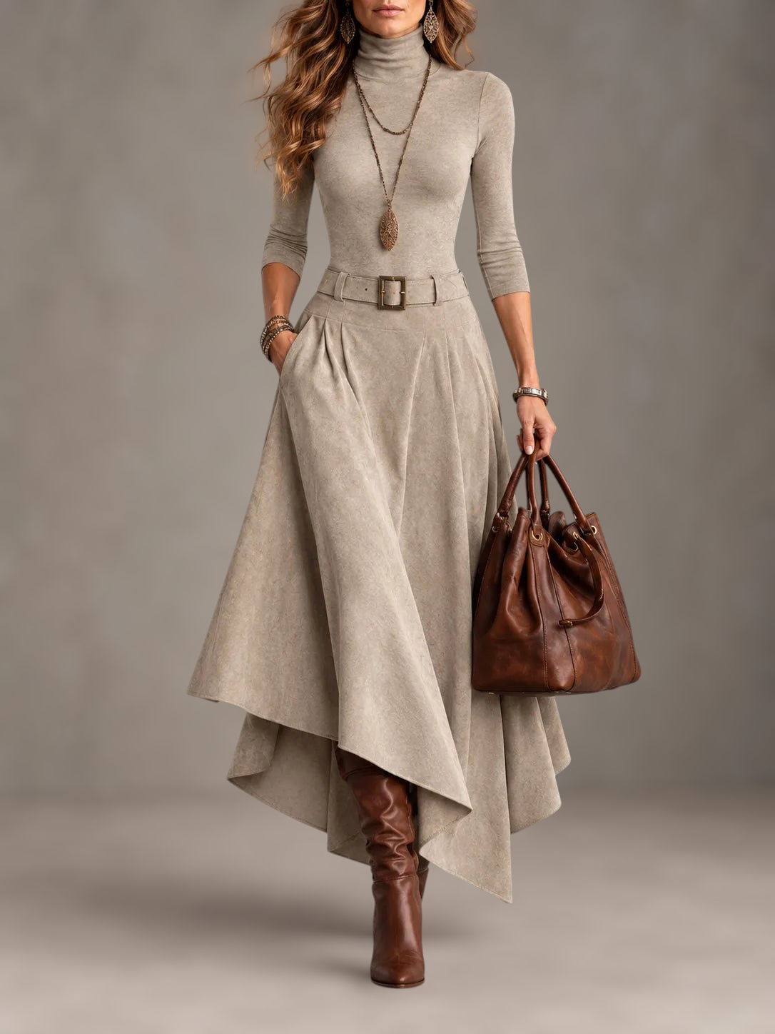 Conjunto Alessia Vellani de dos piezas gris con cuello alto, falda midi asimétrica y cinturón, estilo bohemio elegante.