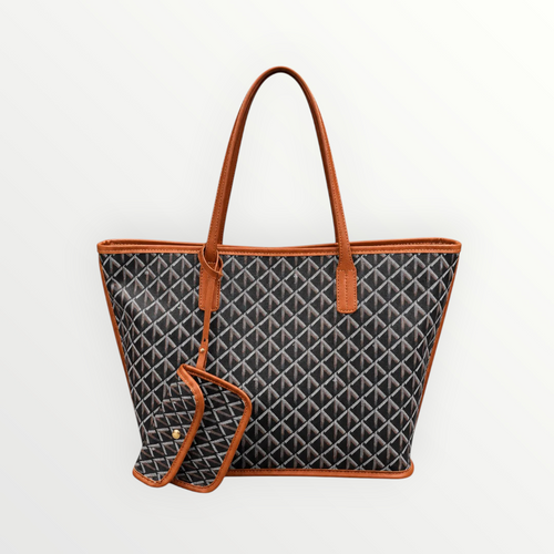 Borsa shopper Alessia Vellani nera e grigia con fantasia geometrica e rifiniture color cuoio e pochette coordinata