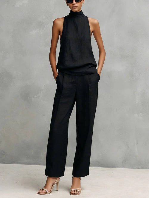 Sinevra – Elegante completo da donna con blusa senza maniche a girocollo e pantaloni