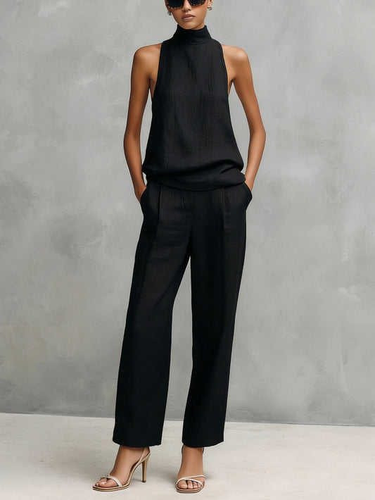 Sinevra – Elegante completo da donna con blusa senza maniche a girocollo e pantaloni