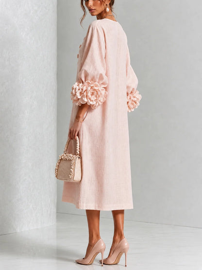 Elena Rossi - Abito Elegante in Rosa Cipria con Maniche a Fiori