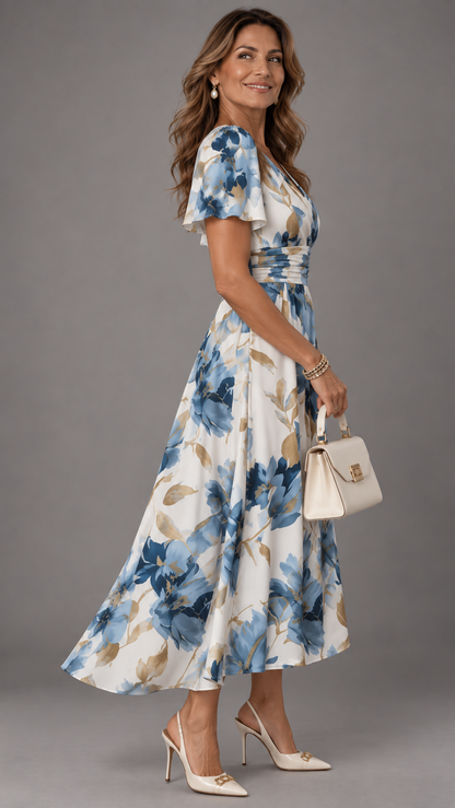 Elara – Vestito midi a portafoglio con stampa floreale