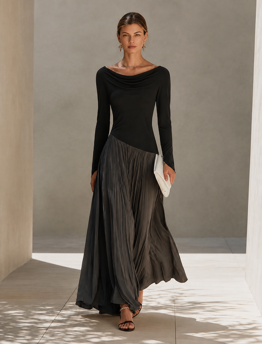 Ludovica – Abito lungo minimalista bicolore con blocchi di colore e scollo drappeggiato da donna