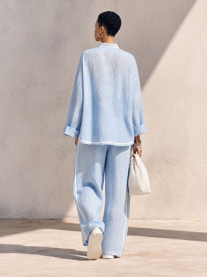 Giorgia – Completo da donna con top oversize a collo alto e mezza zip e pantaloni a gamba larga, in tessuto di lino azzurro