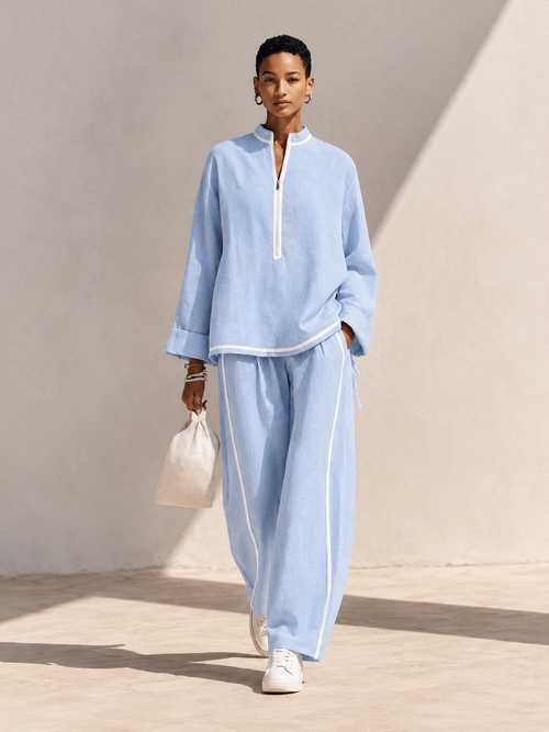 Giorgia – Completo da donna con top oversize a collo alto e mezza zip e pantaloni a gamba larga, in tessuto di lino azzurro