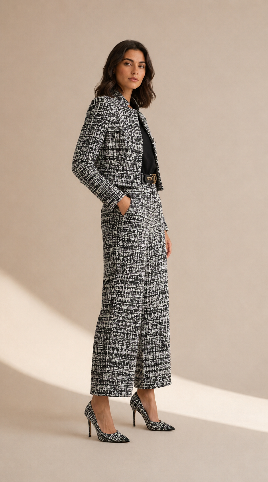 Benedetta | Completo tweed sofisticato con pantalone palazzo