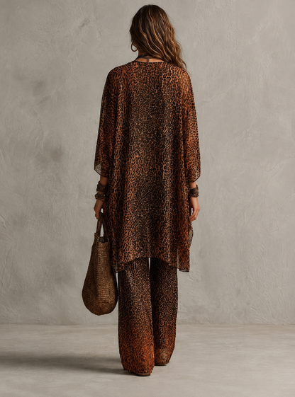 Blanca – Completo bohemien da donna di tre pezzi con kimono fluido e stampa leopardata sfumata