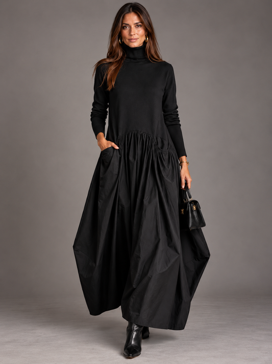 Cinzia - Vestito Lungo Nero Dolcevita con Gonna Drappeggiata
