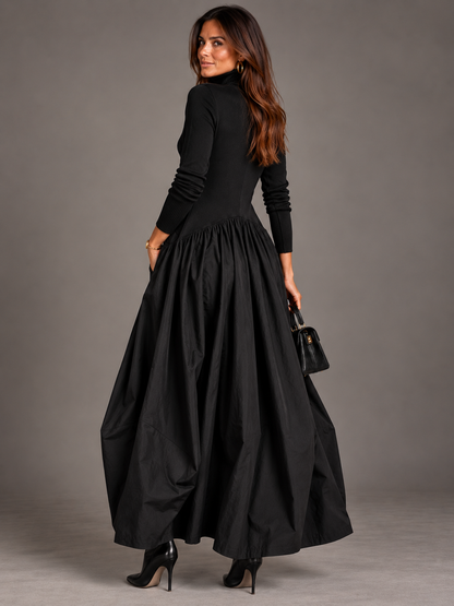 Cinzia - Vestito Lungo Nero Dolcevita con Gonna Drappeggiata