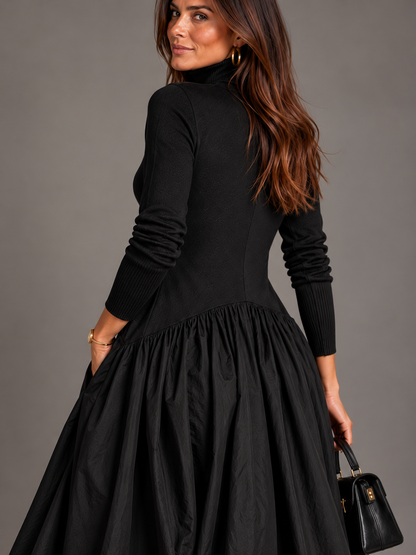 Cinzia - Vestito Lungo Nero Dolcevita con Gonna Drappeggiata