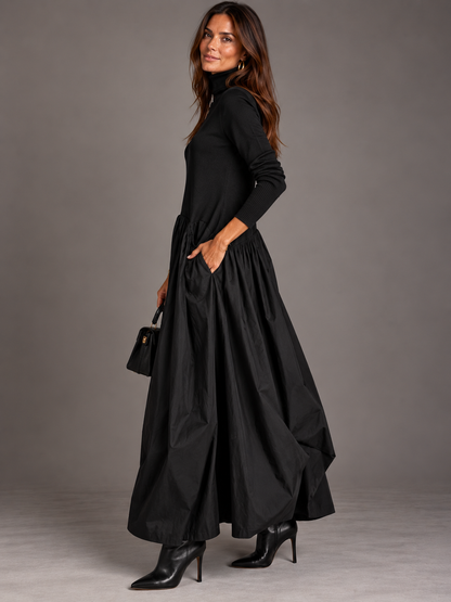 Cinzia - Vestito Lungo Nero Dolcevita con Gonna Drappeggiata