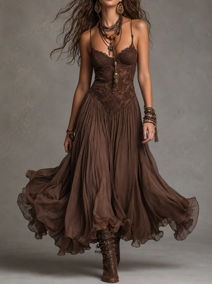 Aurora – Abito lungo in chiffon marrone scuro con inserti in pizzo