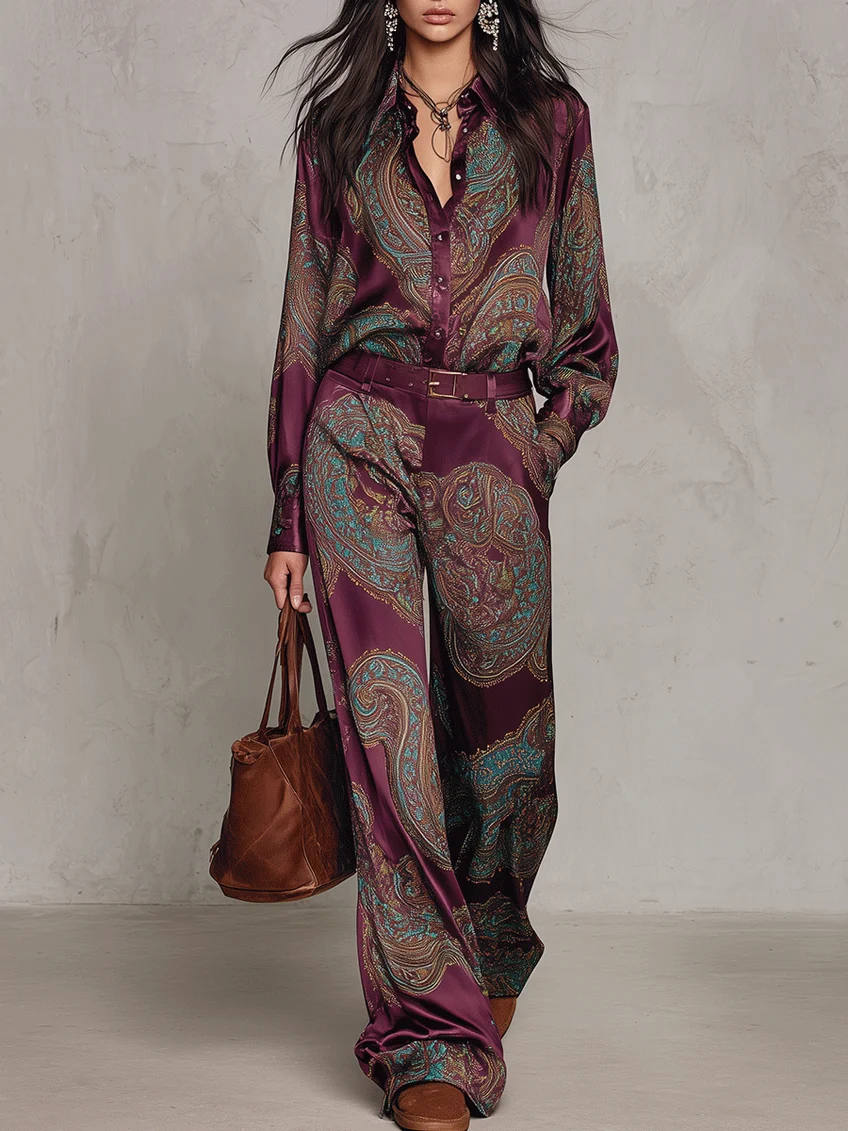 Lidia - Completo Bordeaux-Viola Effetto Satinato con Stampa Paisley, Camicia e Pantaloni Palazzo con Cintura
