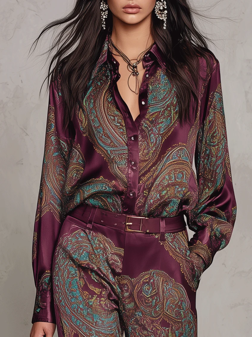 Lidia - Completo Bordeaux-Viola Effetto Satinato con Stampa Paisley, Camicia e Pantaloni Palazzo con Cintura