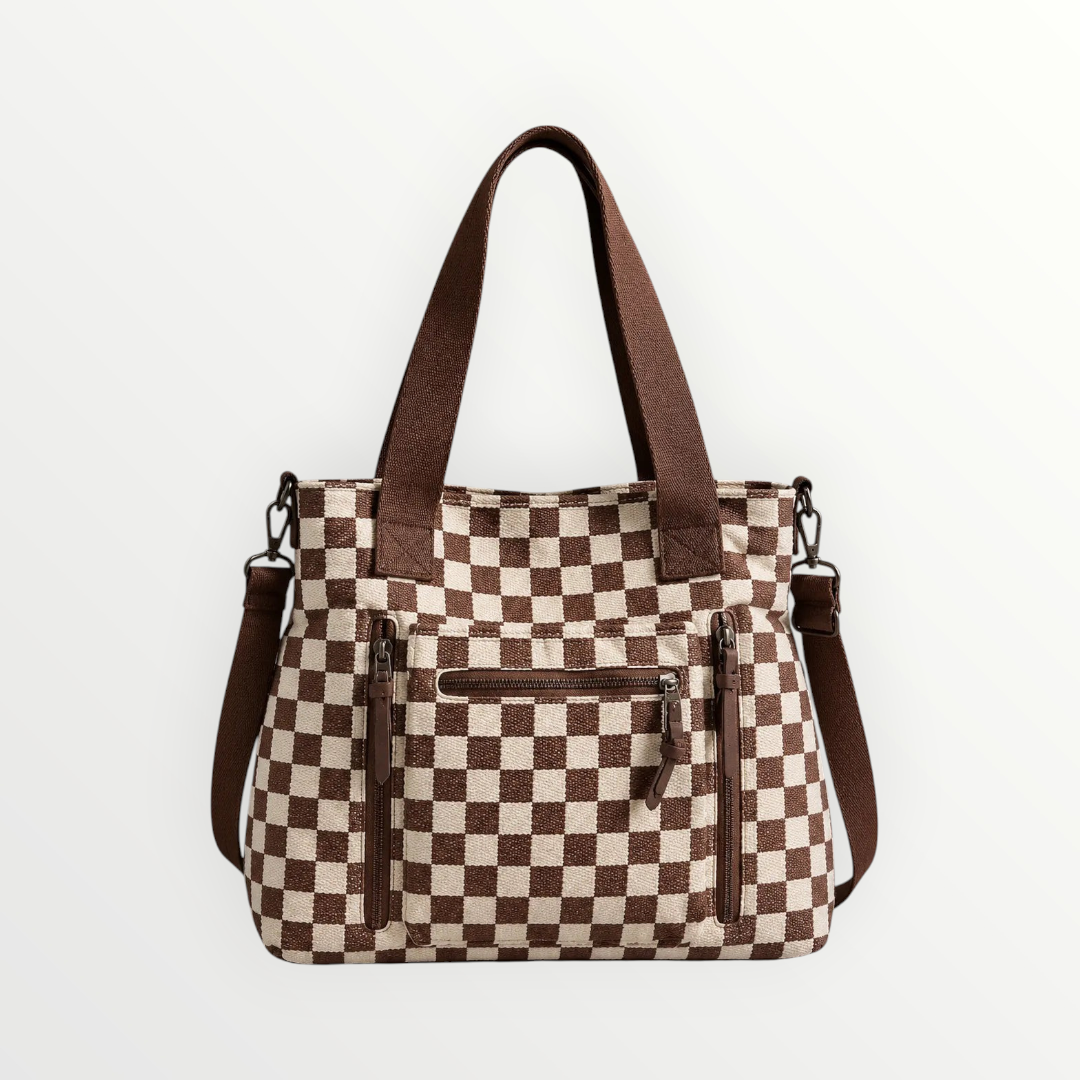 Borsa shopper Alessia Vellani a scacchi marrone e panna con tasche frontali con zip e tracolla rimovibile