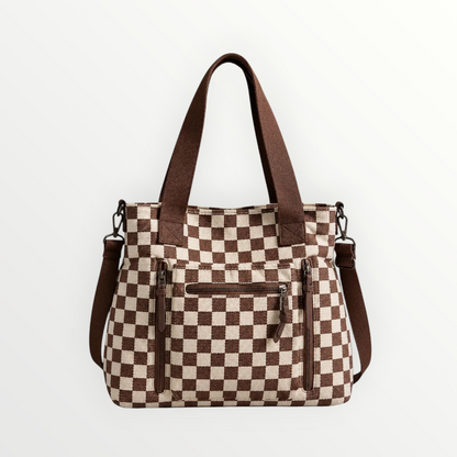 Borsa shopper Alessia Vellani a scacchi marrone e panna con tasche frontali con zip e tracolla rimovibile