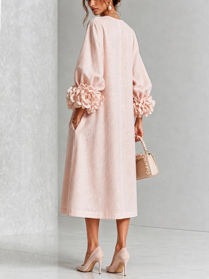 Elena Rossi - Abito Elegante in Rosa Cipria con Maniche a Fiori