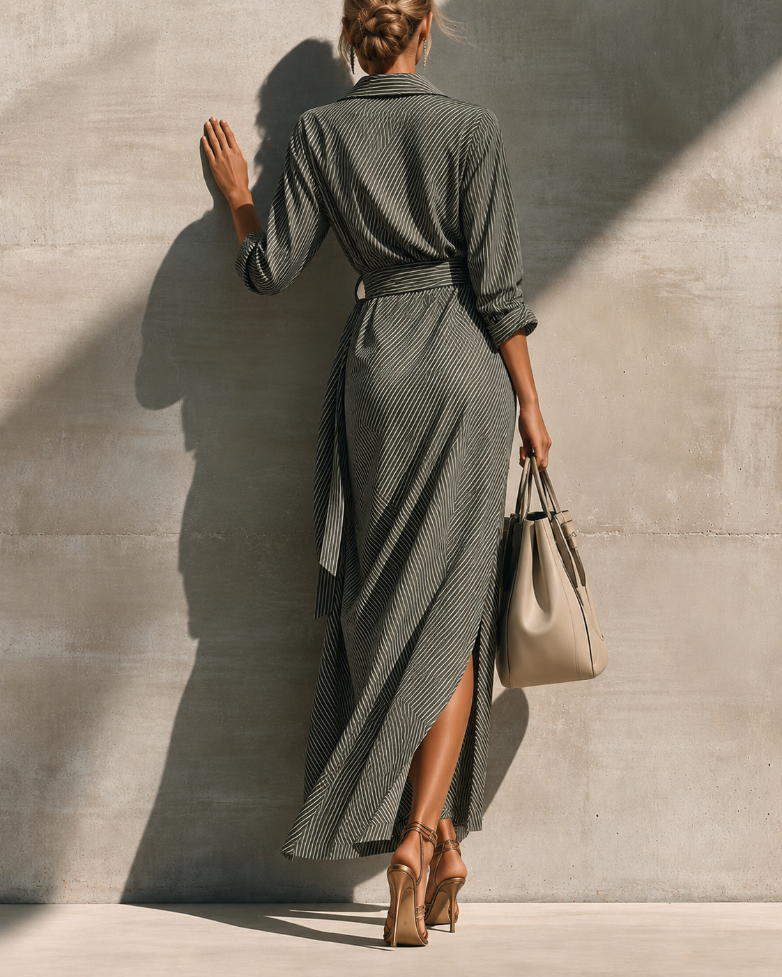 Abito chemisier lungo a righe Berta - vista laterale con tasche