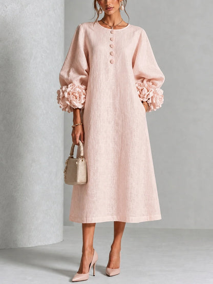 Elena Rossi - Abito Elegante in Rosa Cipria con Maniche a Fiori