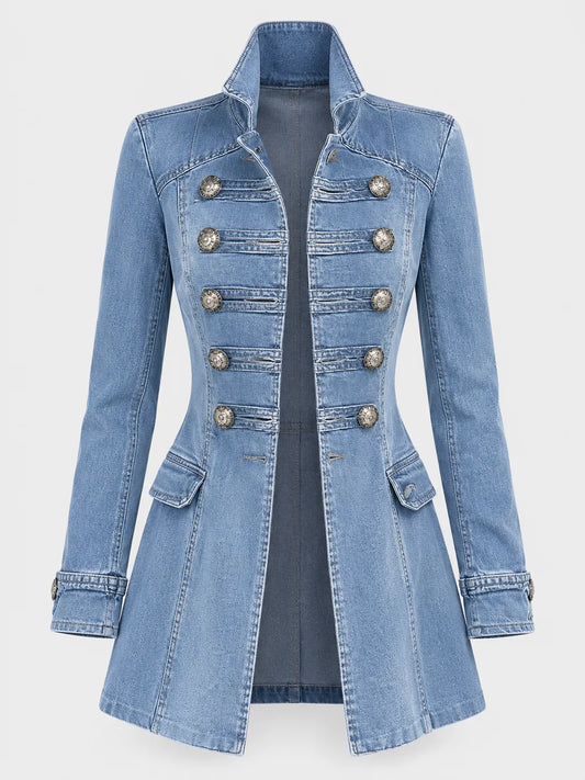 Mia - Cappotto in denim blu stile militare con doppia abbottonatura