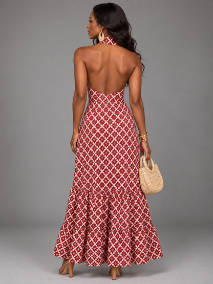 Greta - Abito lungo halter con stampa geometrica