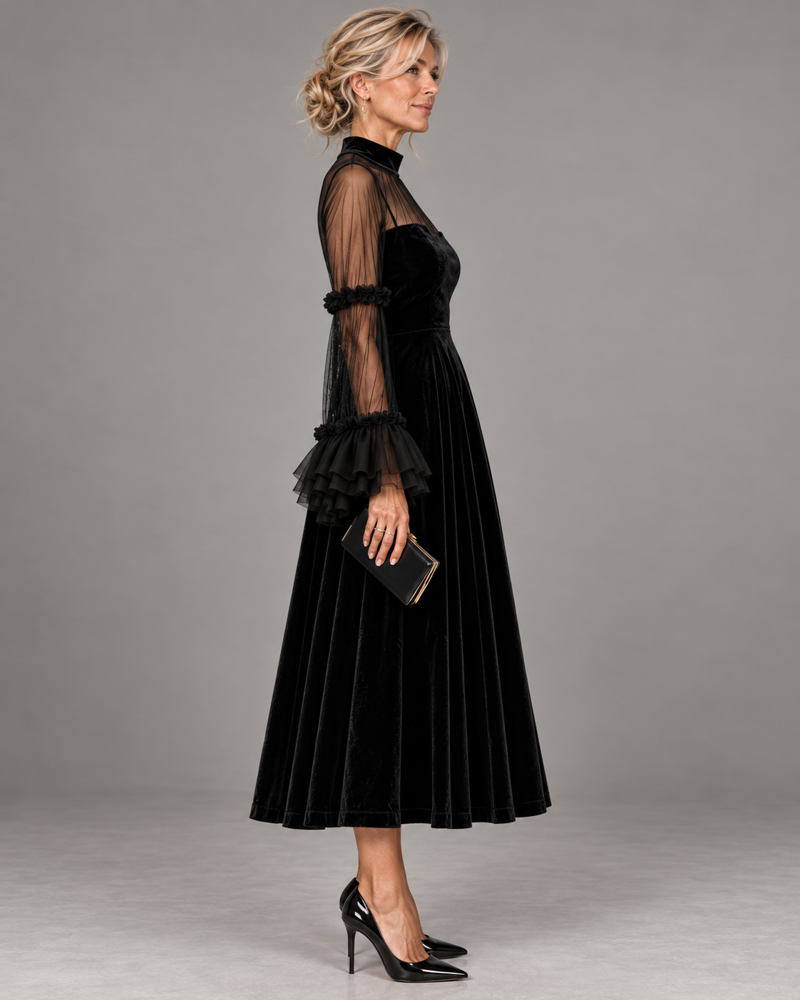 Isabella - Abito Midi in Velluto Nero con Maniche in Tulle e Volant