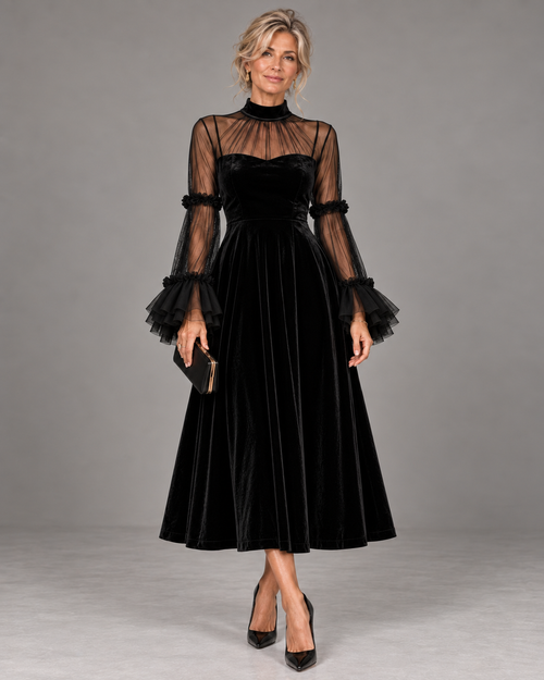 Isabella - Abito Midi in Velluto Nero con Maniche in Tulle e Volant