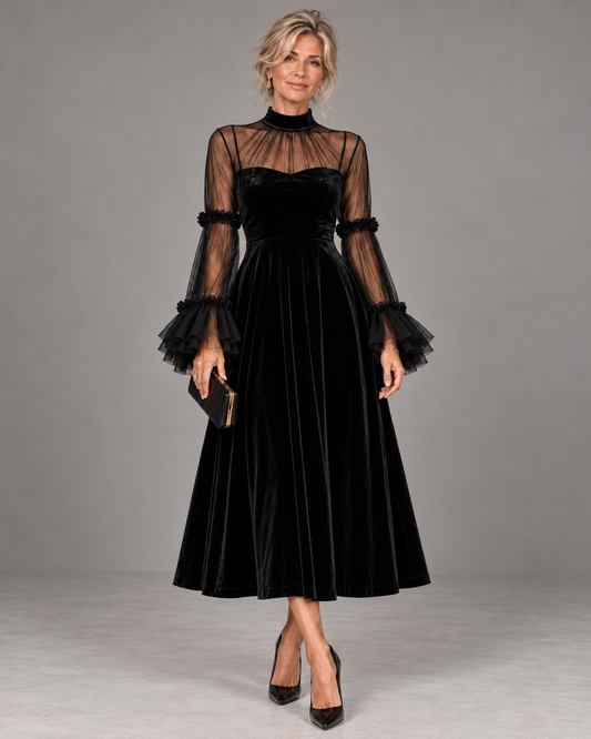 Isabella - Abito Midi in Velluto Nero con Maniche in Tulle e Volant