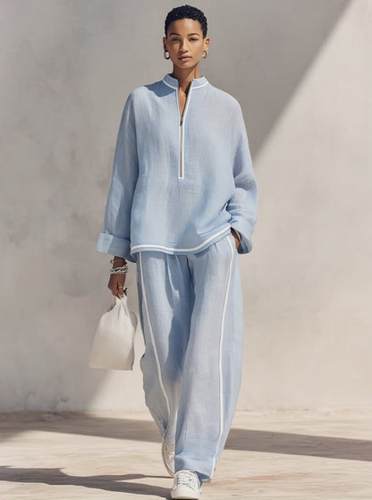 Giorgia – Completo da donna con top oversize a collo alto e mezza zip e pantaloni a gamba larga, in tessuto di lino azzurro