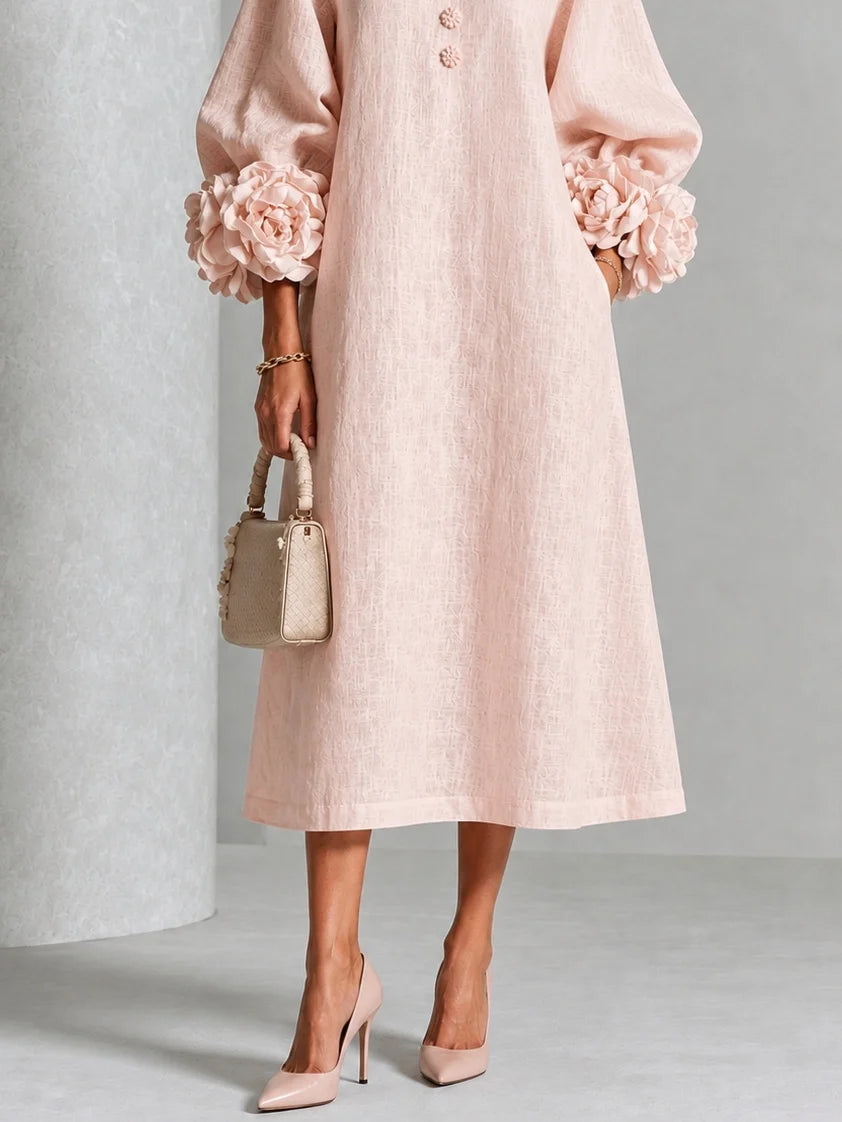 Elena Rossi - Abito Elegante in Rosa Cipria con Maniche a Fiori