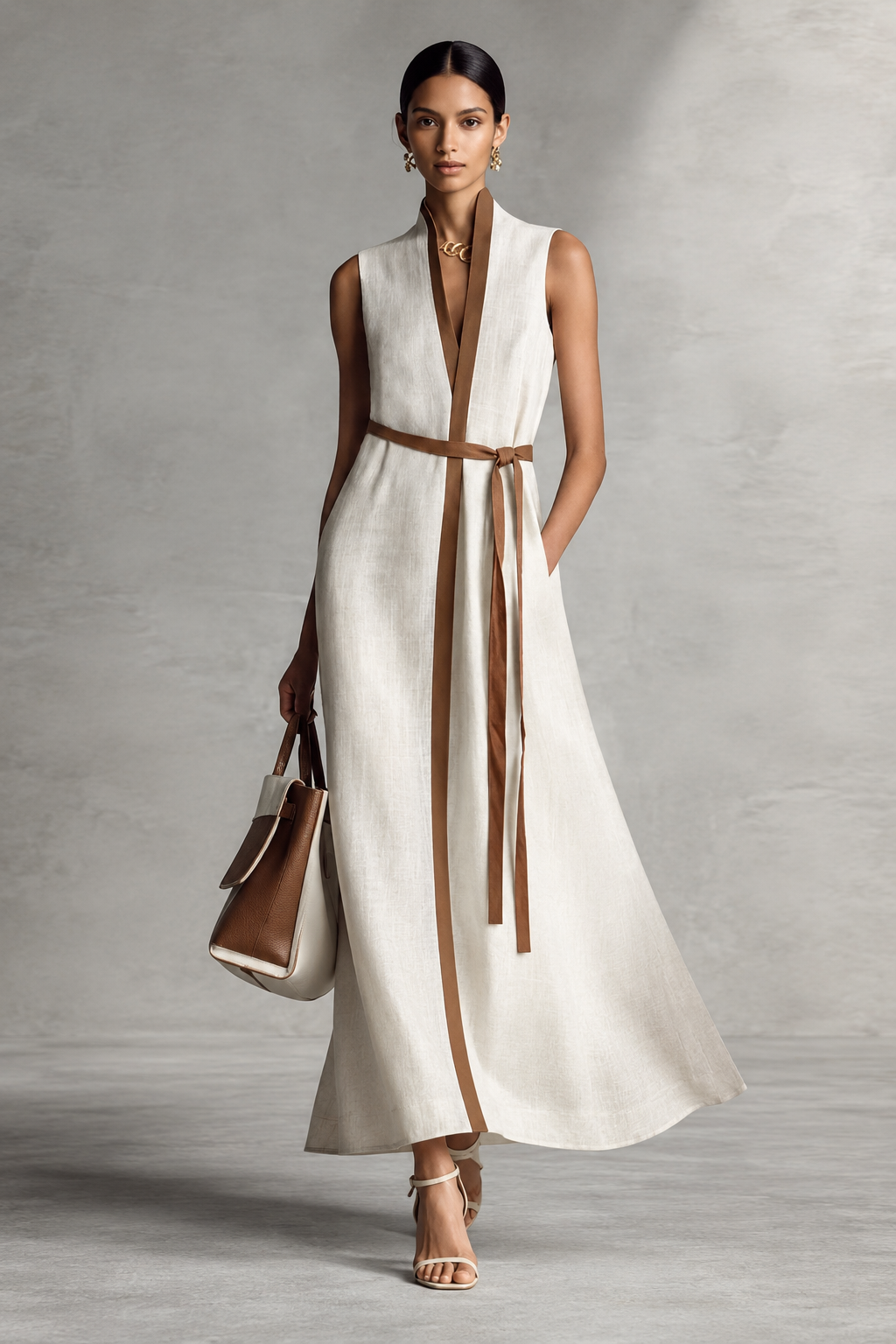 Caterina - Vestito maxi senza maniche con scollo a V e cintura in cotone e lino