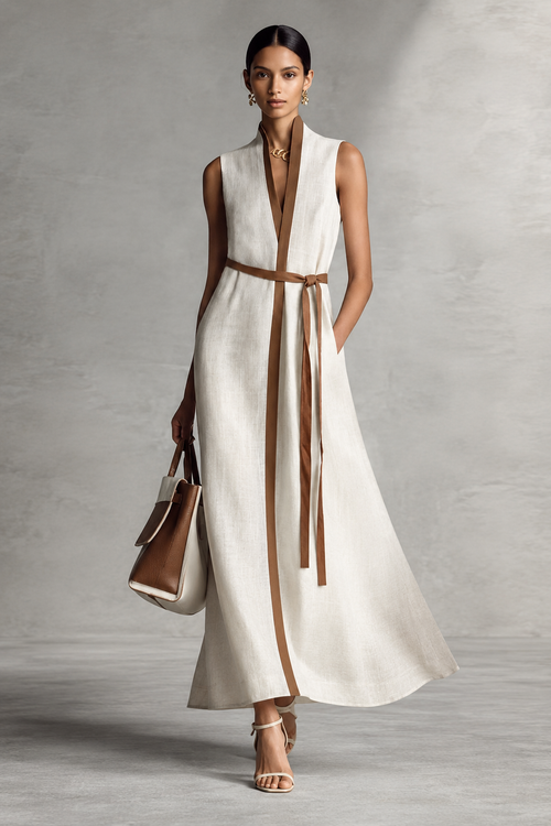 Caterina - Vestito maxi senza maniche con scollo a V e cintura in cotone e lino