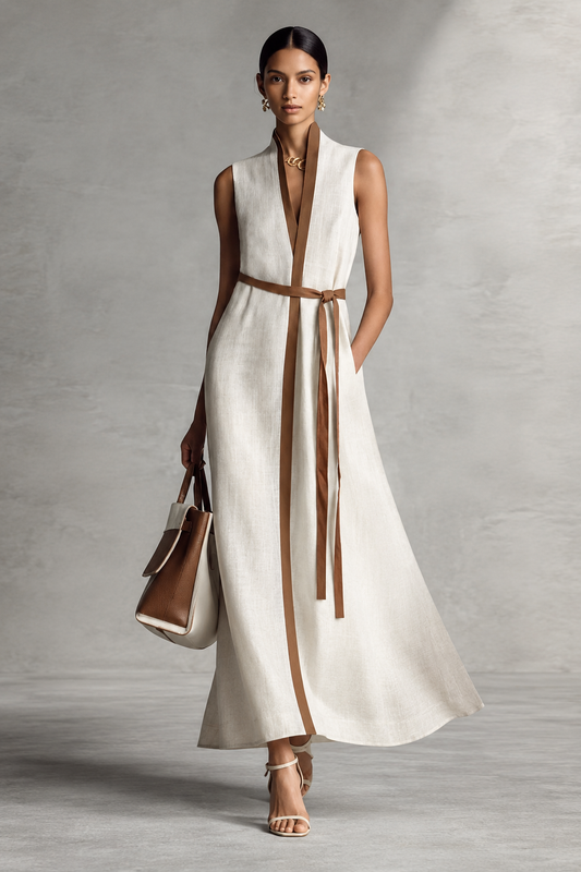 Caterina - Vestito maxi senza maniche con scollo a V e cintura in cotone e lino
