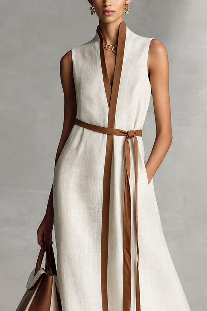 Caterina - Vestito maxi senza maniche con scollo a V e cintura in cotone e lino