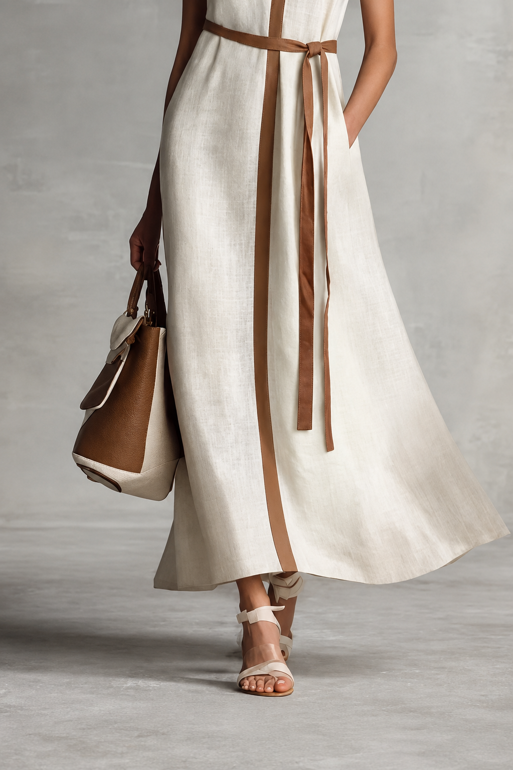 Caterina - Vestito maxi senza maniche con scollo a V e cintura in cotone e lino