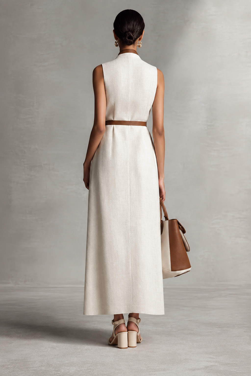 Caterina - Vestito maxi senza maniche con scollo a V e cintura in cotone e lino