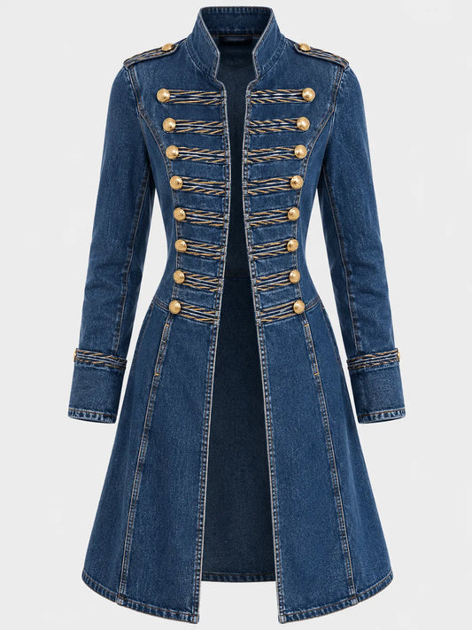 Ada - Cappotto lungo in denim dal taglio aderente stile militare con bottoni dorati